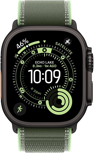 Apple Watch Ultra 3 49 мм, корпус из черного титана, ремешок Trail зеленого цвета, размер M/L