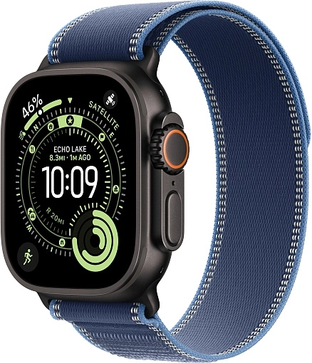 Apple Watch Ultra 3 49 мм, корпус из черного титана, ремешок Trail синего цвета, размер M/L